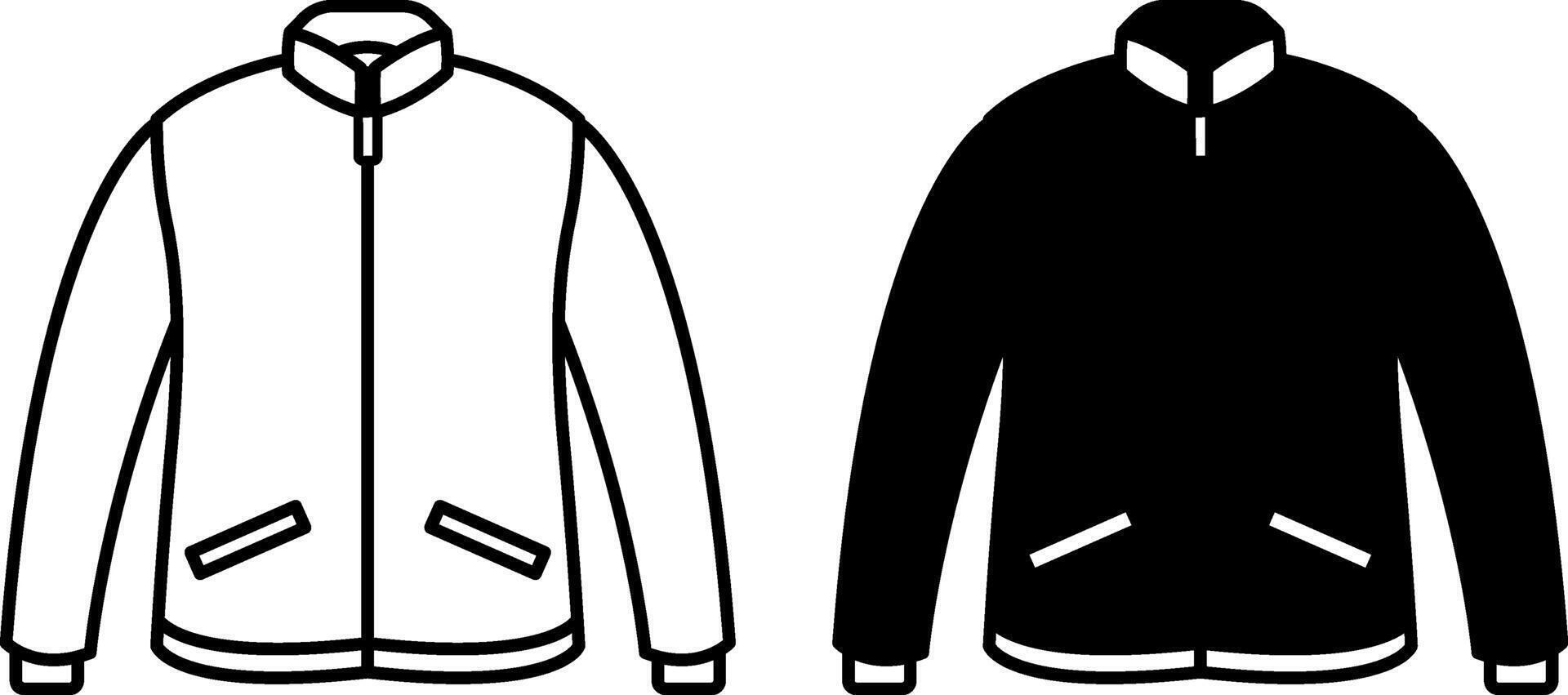 Jacket Icons. Black and White Designs. Outerwear Warm Clothes with Sleeves, Pockets, and Zipper. Clothing Concept vector