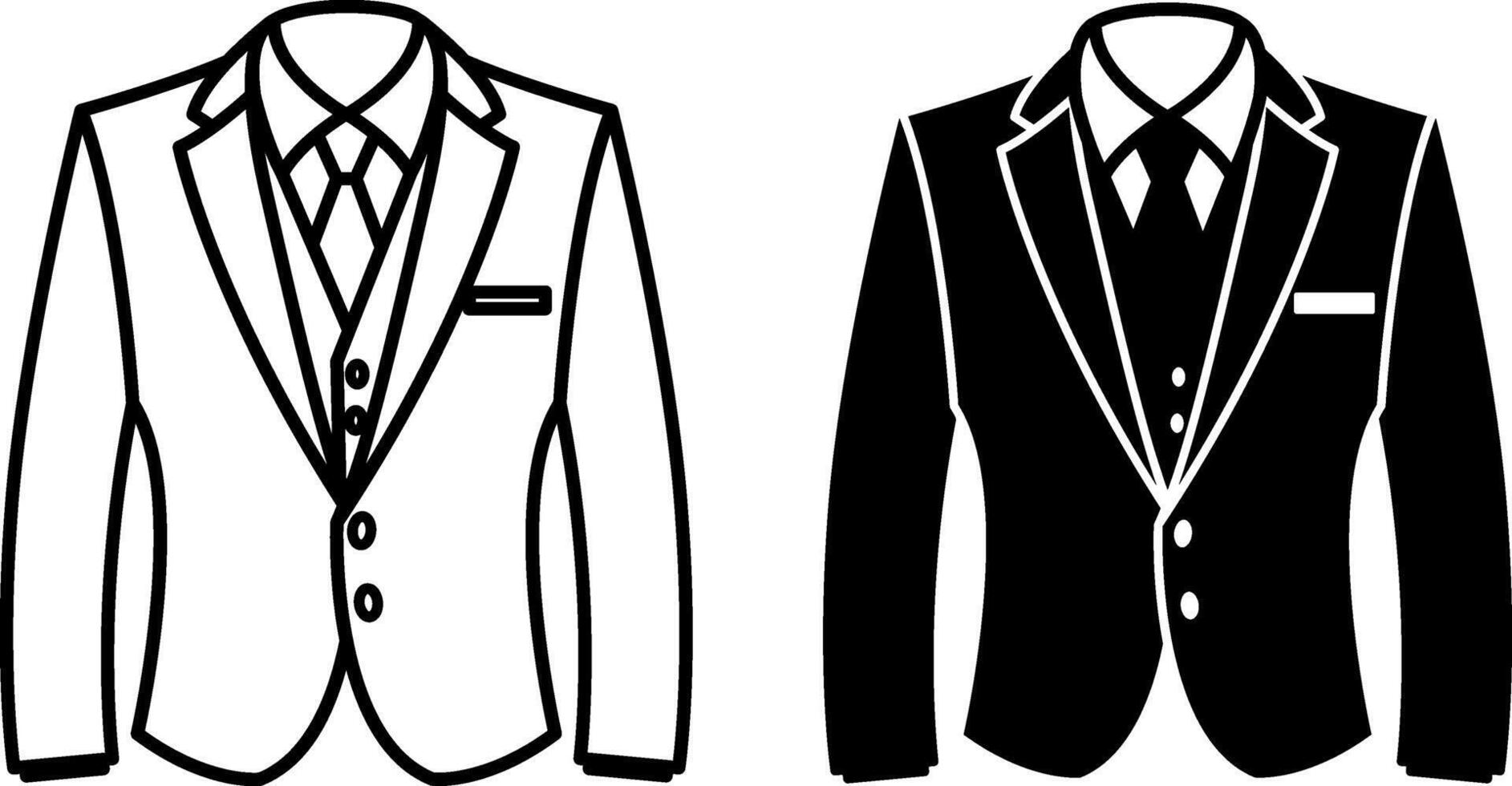 Suit Icons. Black and White Designs. Jacket, Shirt, Tie and Vest. Classic Men's Suit for Formal Occasions. Clothing Concept vector
