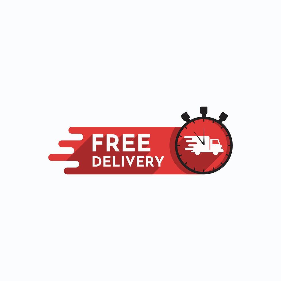 Free delivery service logo badge, free freight delivery truck icon, quick time delivery order, fast truck and stopwatch flat simple graphic. vector