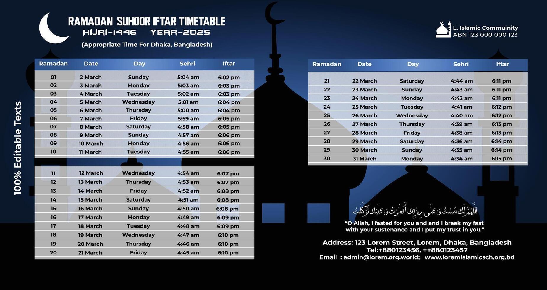Ramadan Suhoor and Iftar Time index 2025 Dhaka Bangladesh vector