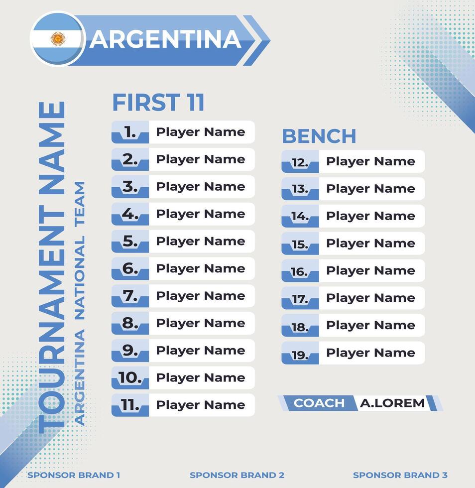 Editable First XI and Reserve Bench Player Names Template for Argentina Team vector