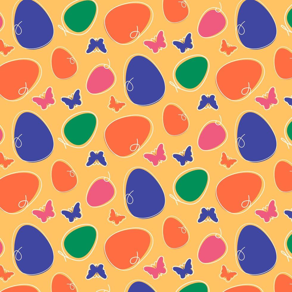 Bright pattern with Easter butterflies and eggs on a yellow background. vector