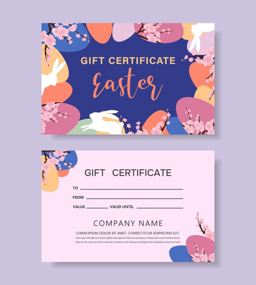 Easter gift certificate template with bunnies, flowers and Easter eggs. vector