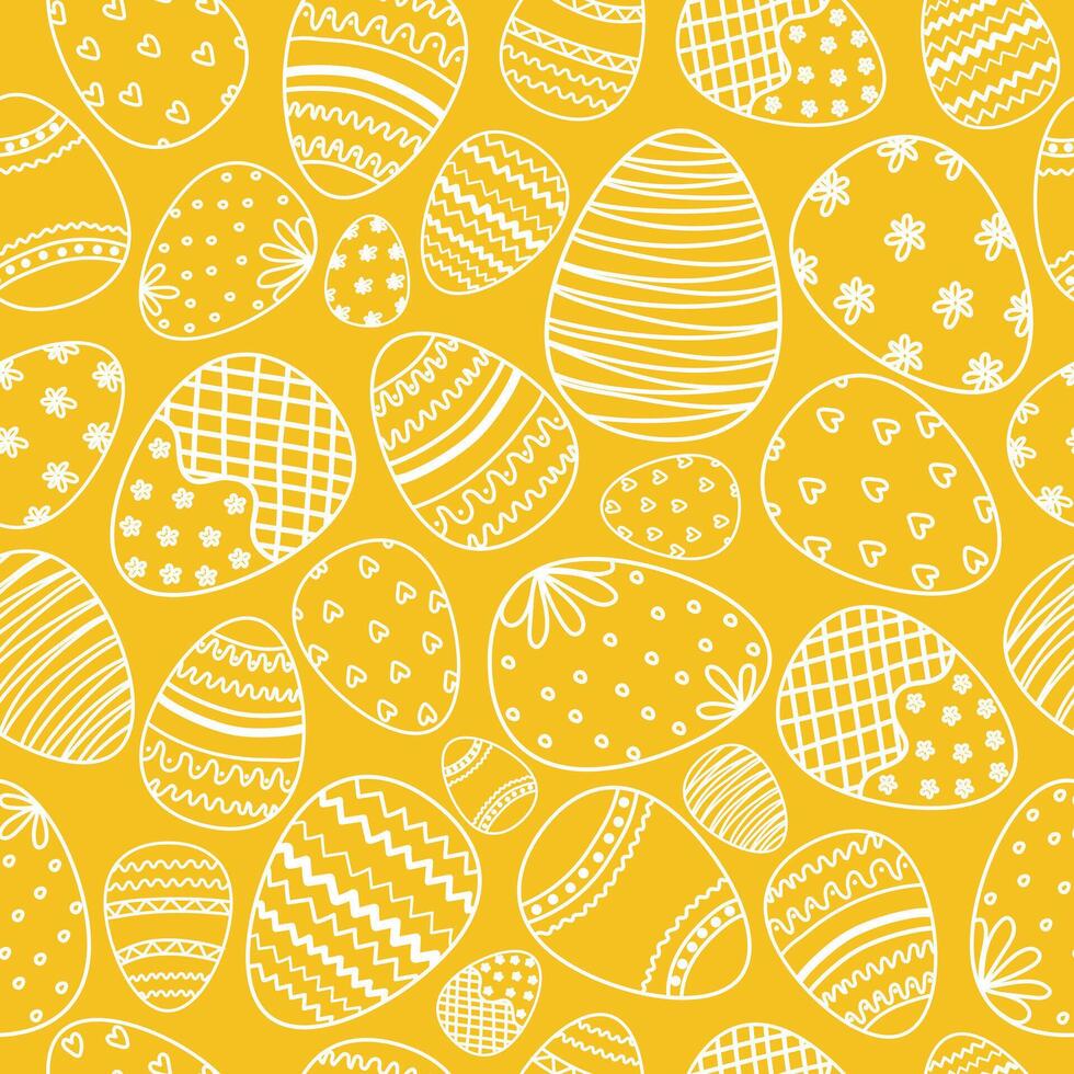 Seamless Easter pattern with hand drawn Easter eggs on yellow background. vector