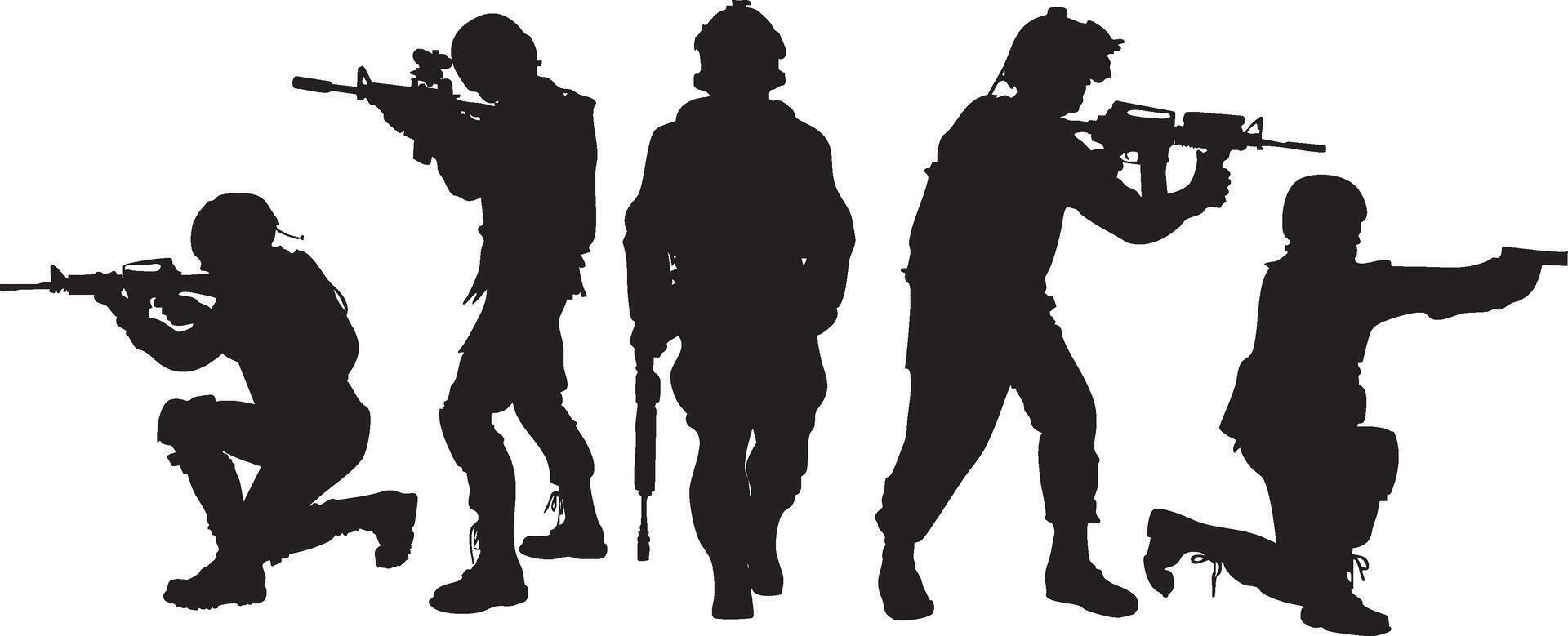 silhouettes of soldiers with guns and rifles vector