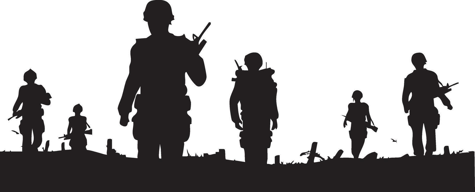 silhouettes of soldiers walking in a field vector