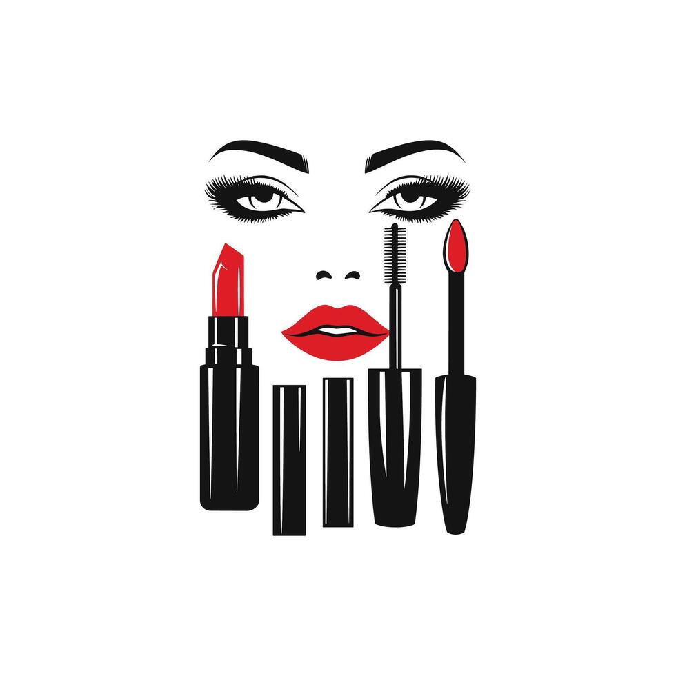 Beauty products with red lipstick and mascara vector