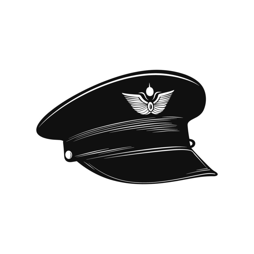 A black and white illustration of a pilot's hat vector