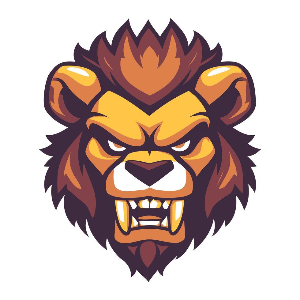 Lion mascot head with fangs and angry expression vector