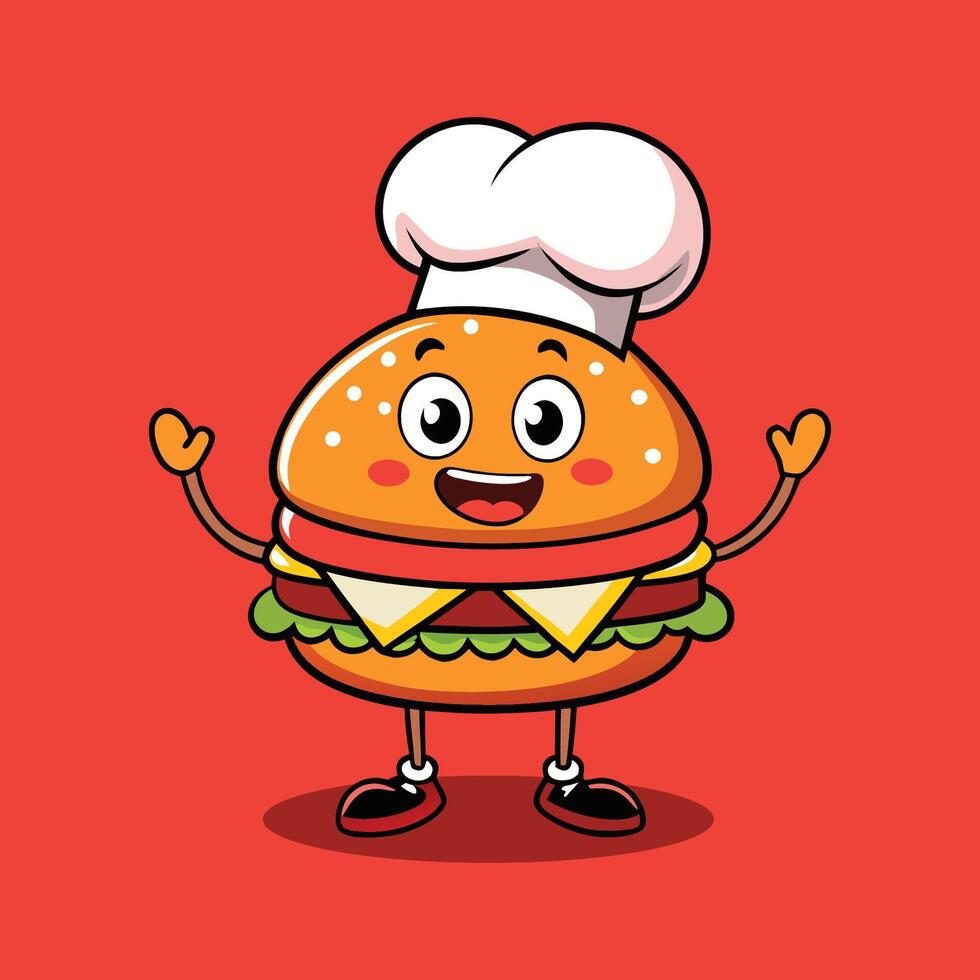 Cute Burger Chef Waving Cartoon on Red Background vector