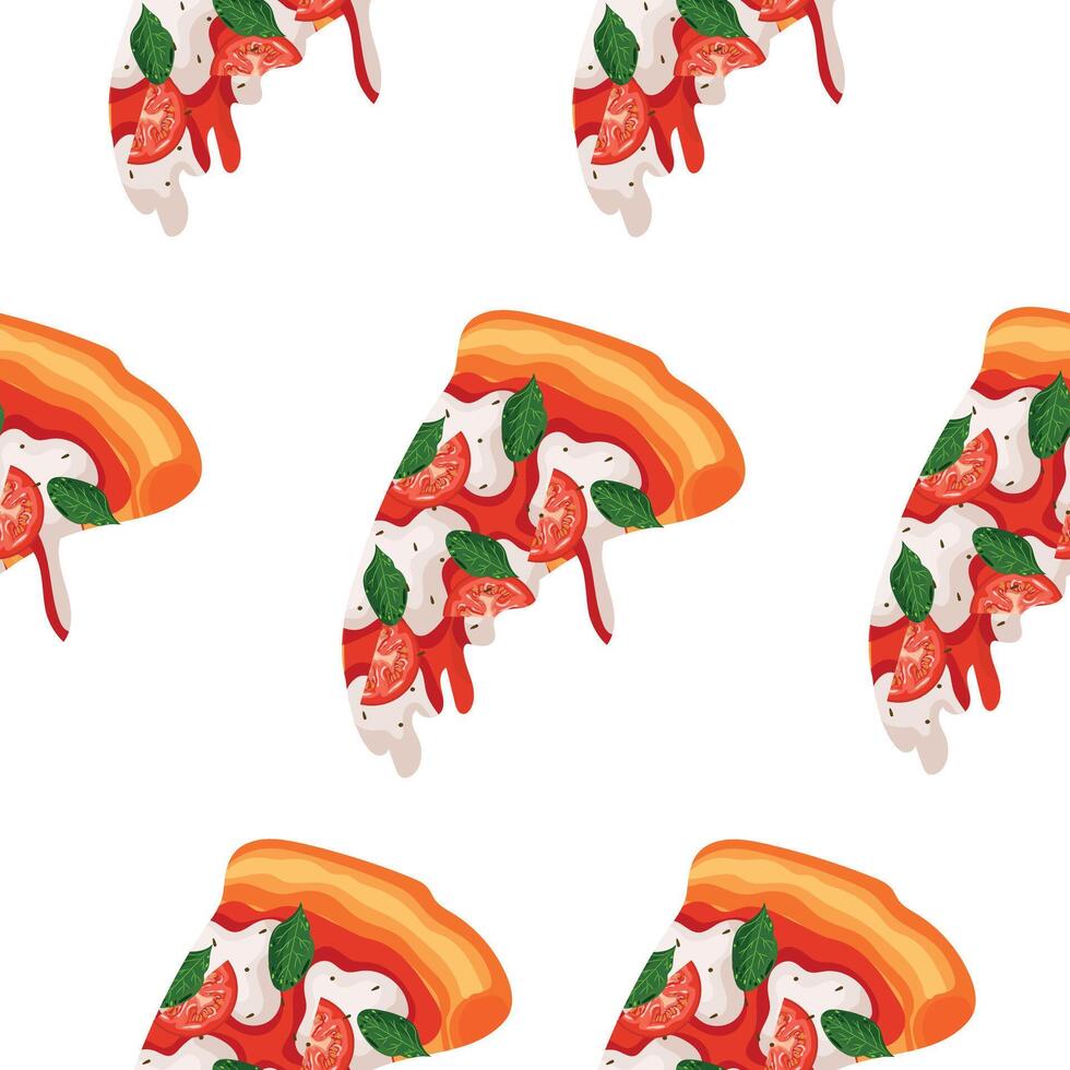 seamless pattern with hasthood, namely a slice of pizza with mozzarella, tomatoes and tomato sauce on a white background vector