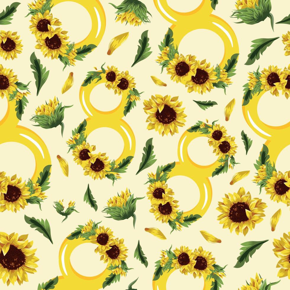 seamless pattern with yellow figures of eight with sunflower design and yellow sunflower buds arranged randomly on a yellow background for the eighth of March holiday vector