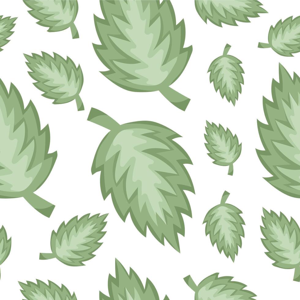 seamless spring pattern with ragged green leaves on a white background arranged randomly, for packaging or textile vector