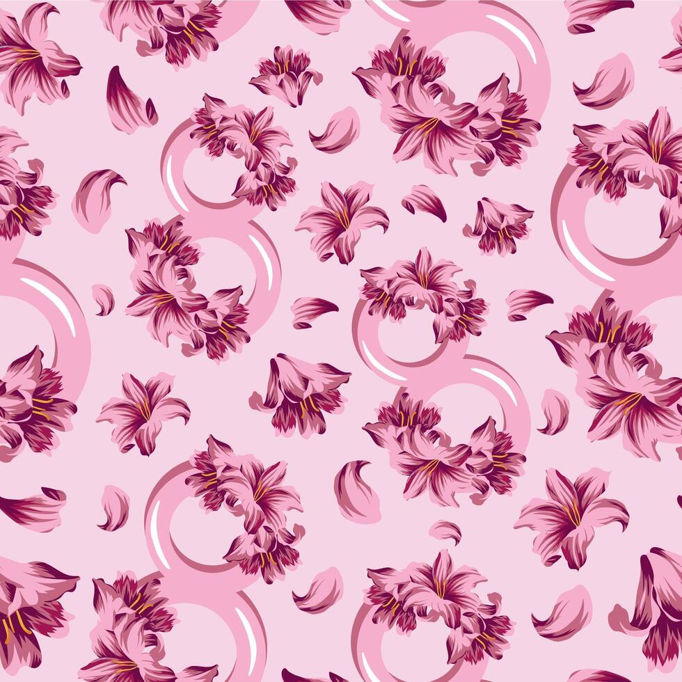 seamless pattern with pink figures of eight with lily design and pink lily buds arranged randomly on a pink bakground for the eighth of March holiday vector