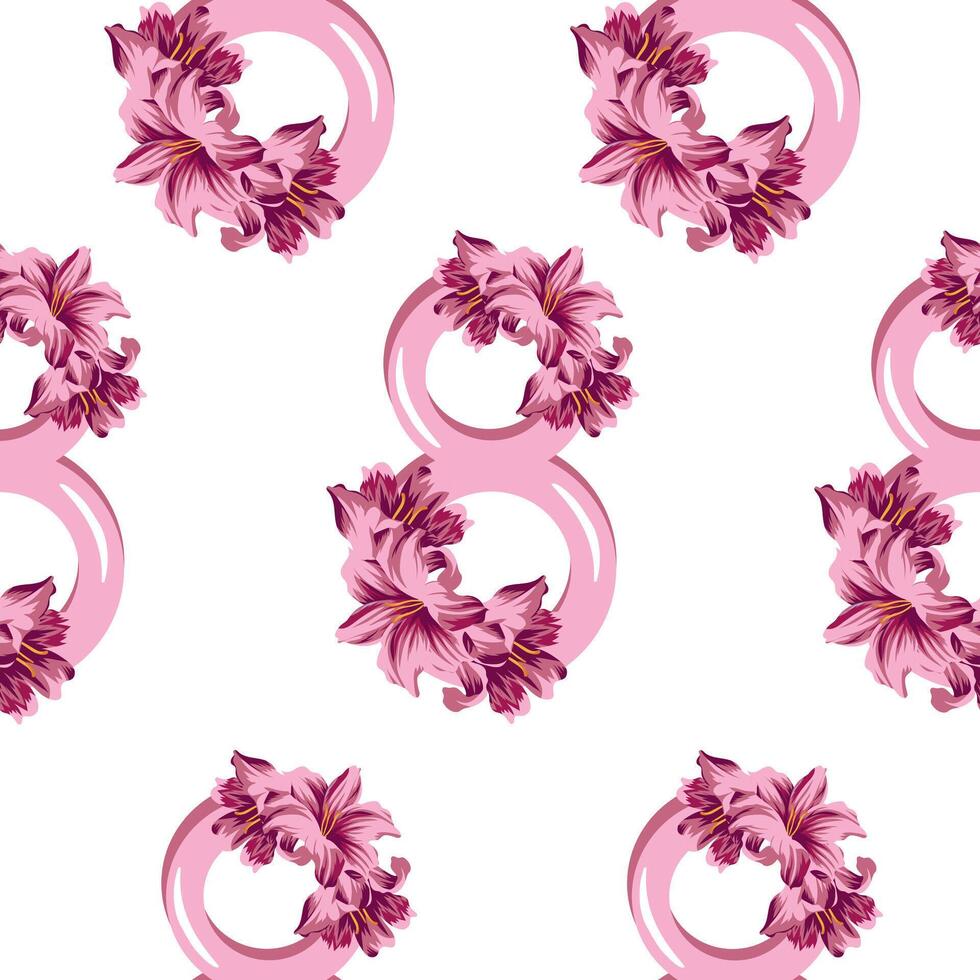 seamless pattern with pink figures of eight decorated with flower buds, namely pink lilies, for the holiday of March 8 vector