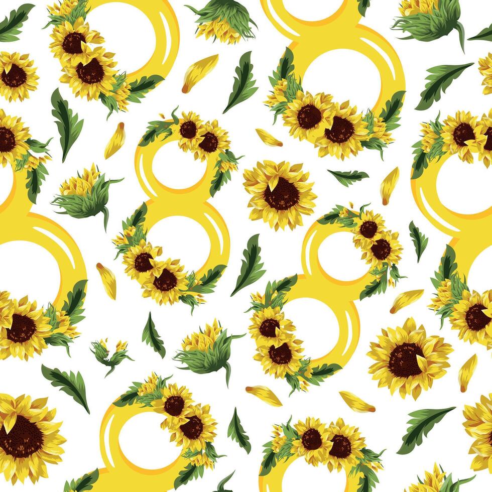 seamless pattern with yellow figures of eight with sunflower design and yellow sunflower buds arranged randomly for the eighth of March holiday vector