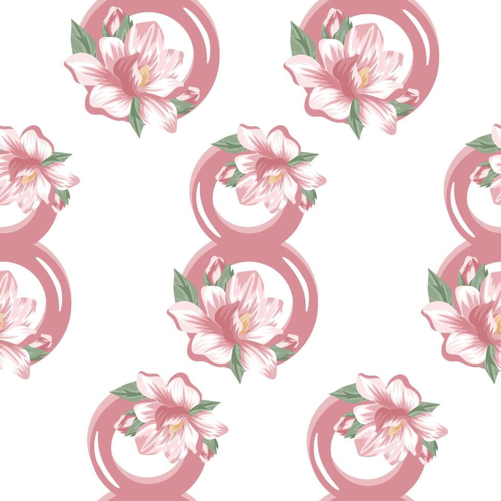 seamless pattern with pink figures of eight decorated with flower buds, namely pink magnolia for the holiday of March 8 vector