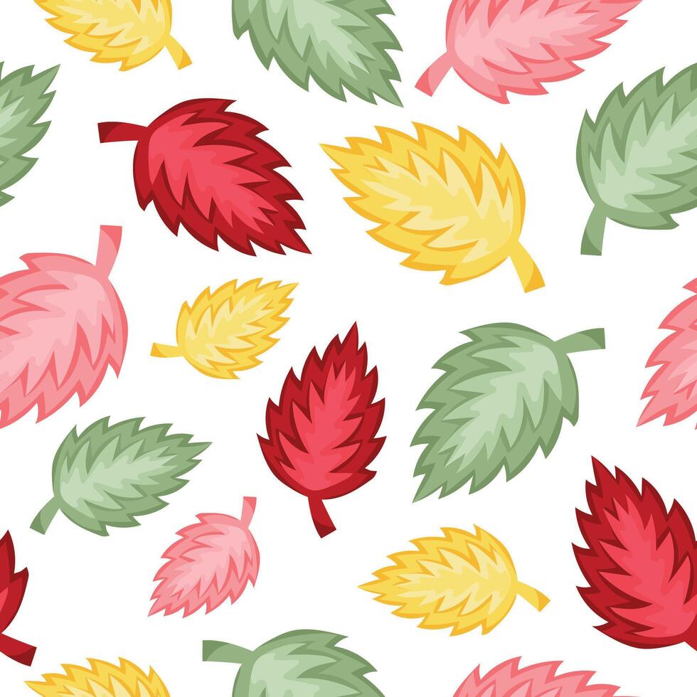 seamless spring pattern with ragged leaves of various bright colors on a white background arranged randomly, for packaging or textile vector