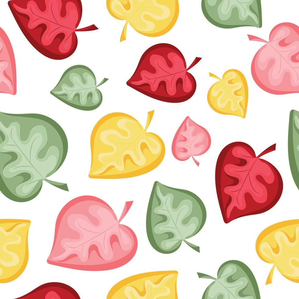 seamless spring pattern with round leaves of bright various colors on white background arranged randomly, for packaging or textile vector