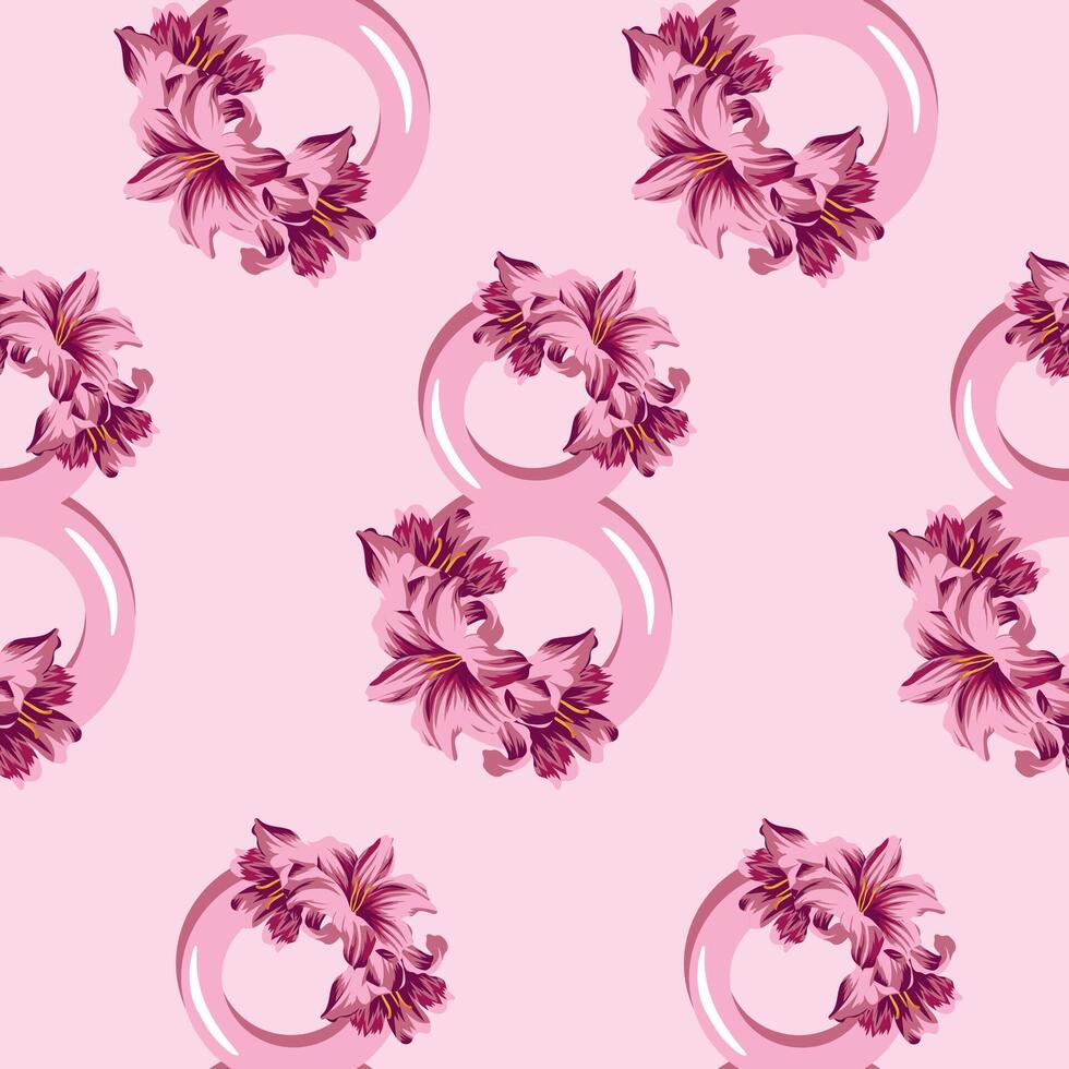 seamless pattern with pink figures of eight decorated with flower buds, namely pink lilies on a pink background, for the holiday of March 8 vector