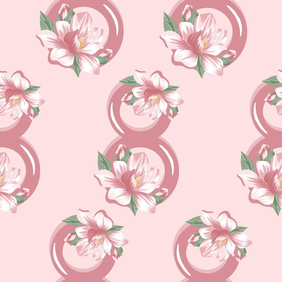 seamless pattern with pink figures of eight decorated with flower buds, namely pink magnolia on a pink background, for the holiday of March 8 vector