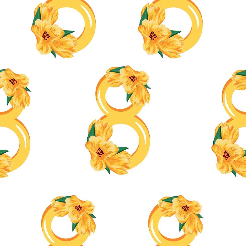 seamless pattern with yellow figures of eight decorated with flower buds, namely yellow tulip for the holiday of March 8 vector