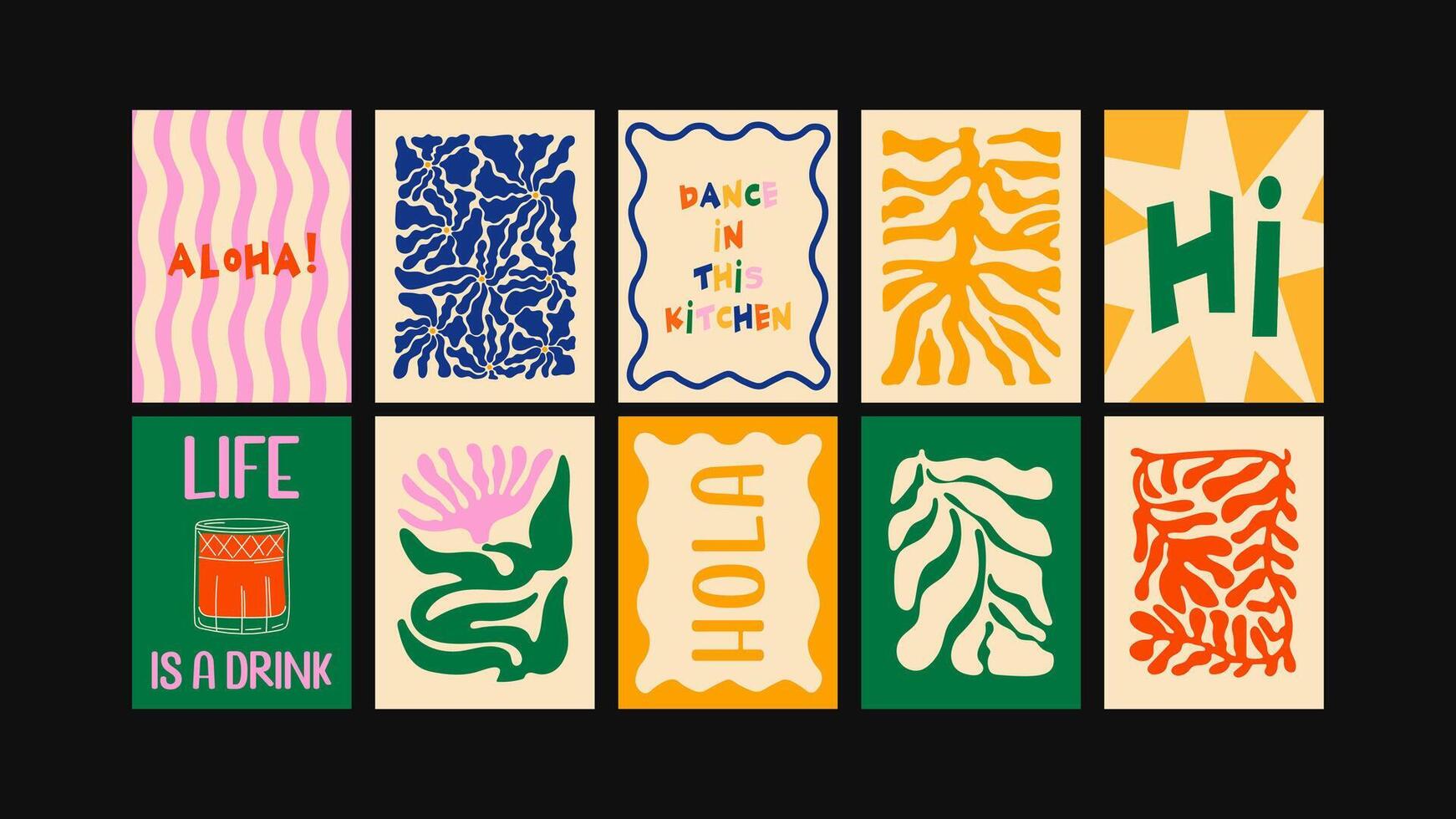 Abstract food posters for kitchen decor in Matisse-inspired style. Culinary art for homes, cafes, and restaurants. Minimalist prints and wall banners vector