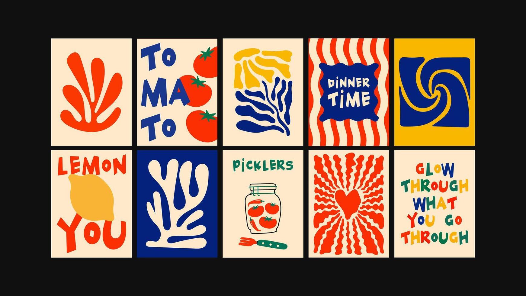 Creative abstract food-themed posters in a stylish Matisse-like aesthetic. Wall decor for modern kitchens, cafes, and restaurant interiors vector