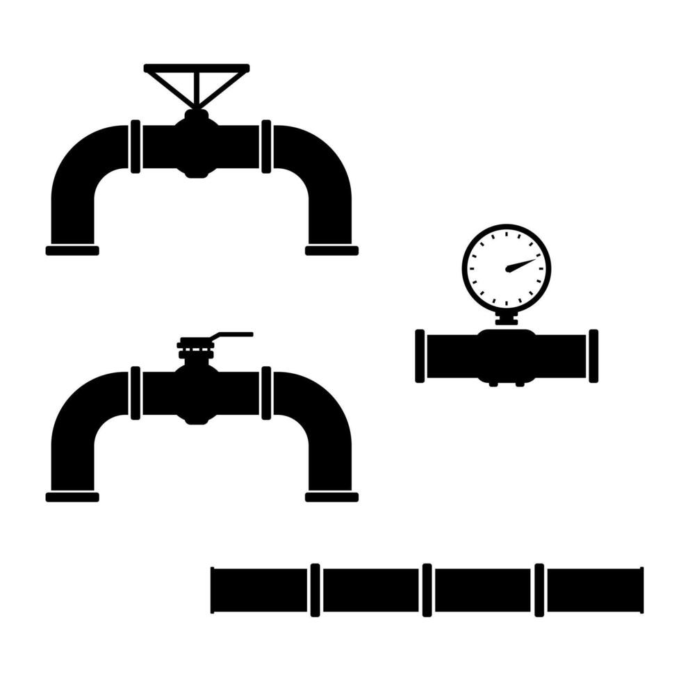 Valve, Pressure gauge industrial Pipeline Icons for Gas, Sewage, Water, Steam or oil industry - Black Silhouette illustration vector