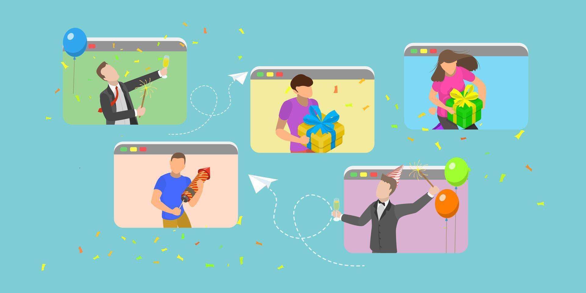 3D Isometric Flat Conceptual Illustration of Virtual Party vector