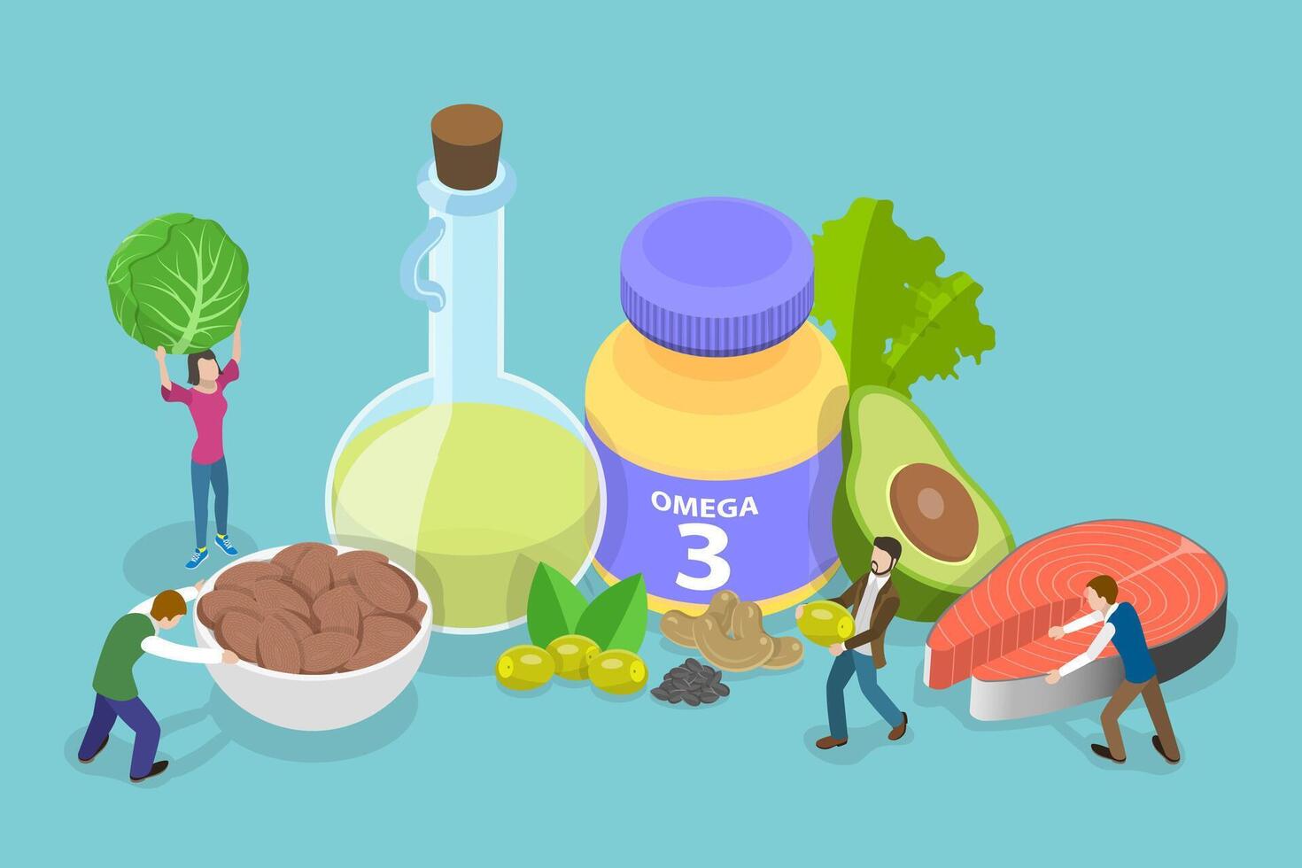 3D Isometric Flat Conceptual Illustration of Omega-3 Fatty Acids vector