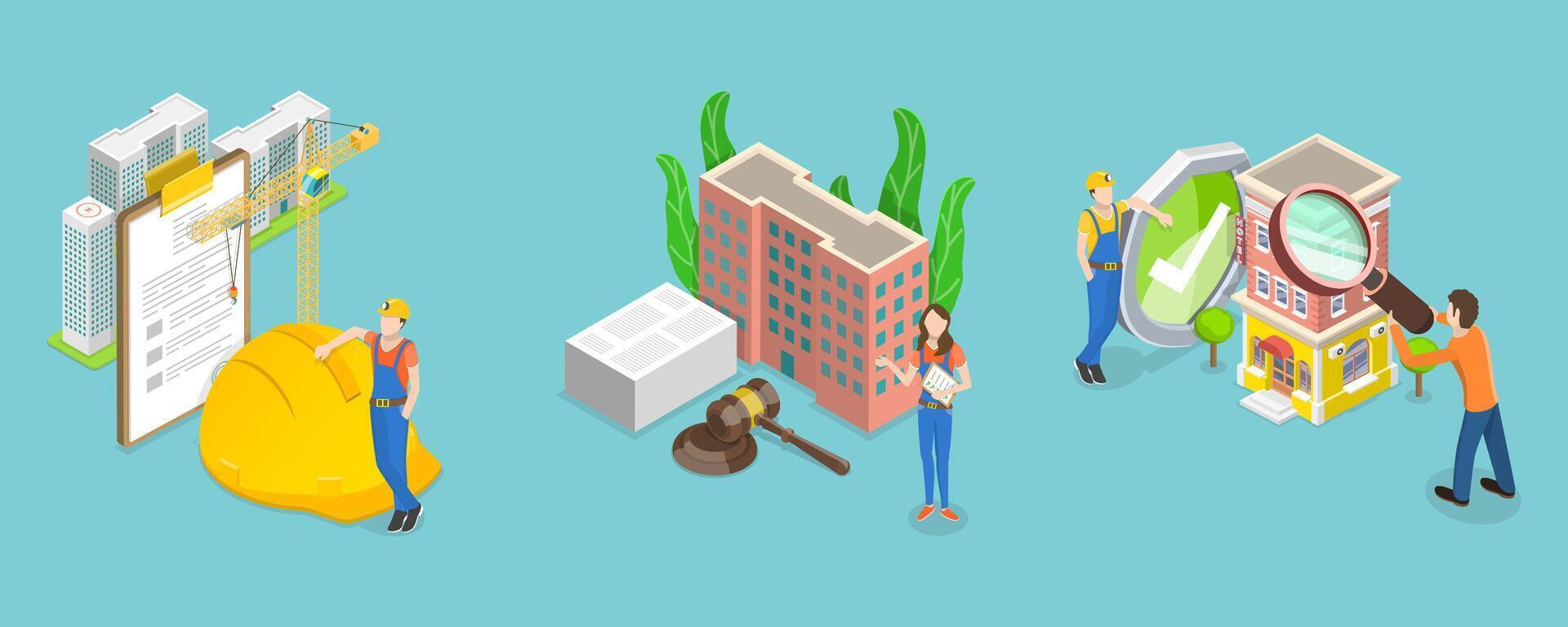 3D Isometric Flat Conceptual Illustration of Building Industry. vector