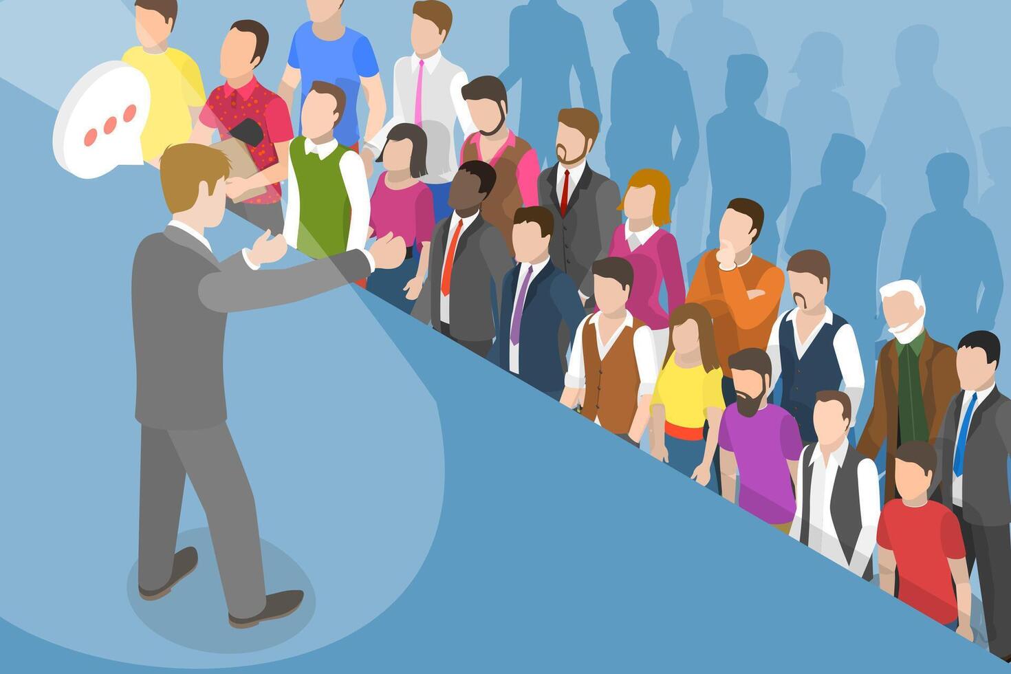 3D Isometric Flat Conceptual Illustration of Speech In Front Of Crowd vector