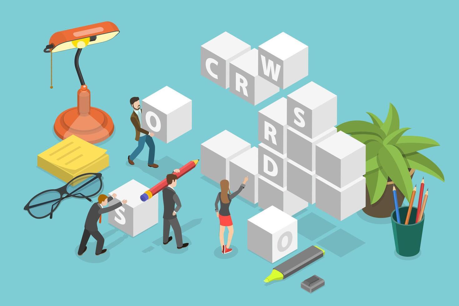 3D Isometric Flat Conceptual Illustration of Crossword Solving vector