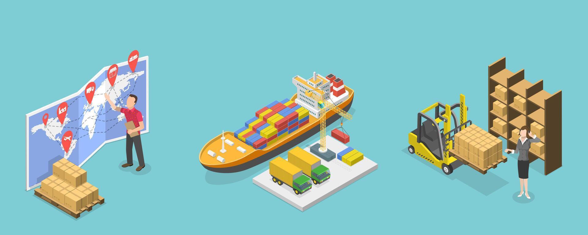 3D Isometric Flat Conceptual Illustration of Supply Chain Distribution vector