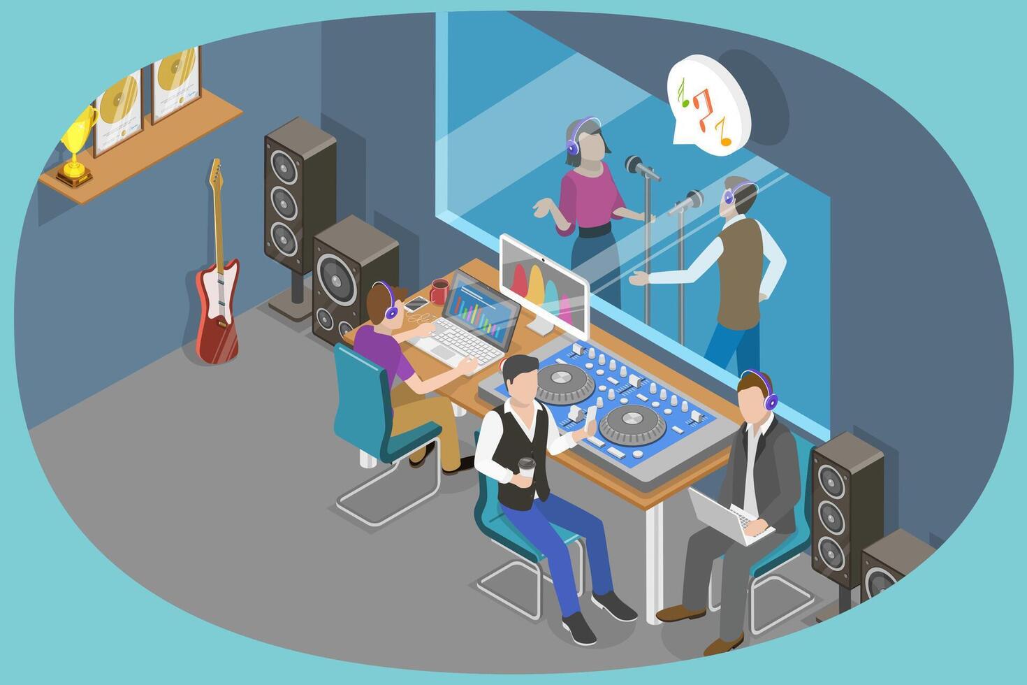 3D Isometric Flat Conceptual Illustration of Audio Production Studio. vector