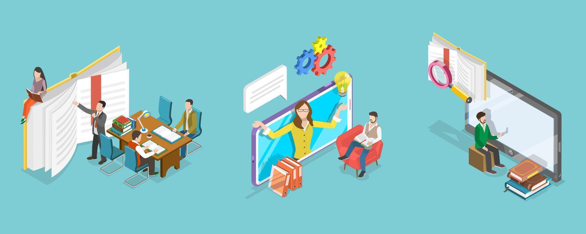 3D Isometric Flat Conceptual Illustration of E-learning vector