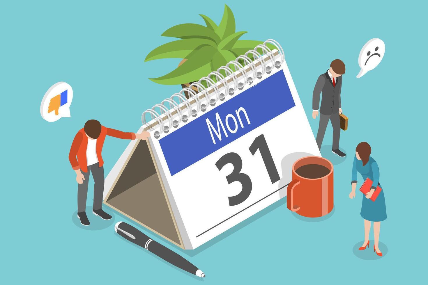 3D Isometric Flat Conceptual Illustration of Monday Low Employee Morale vector