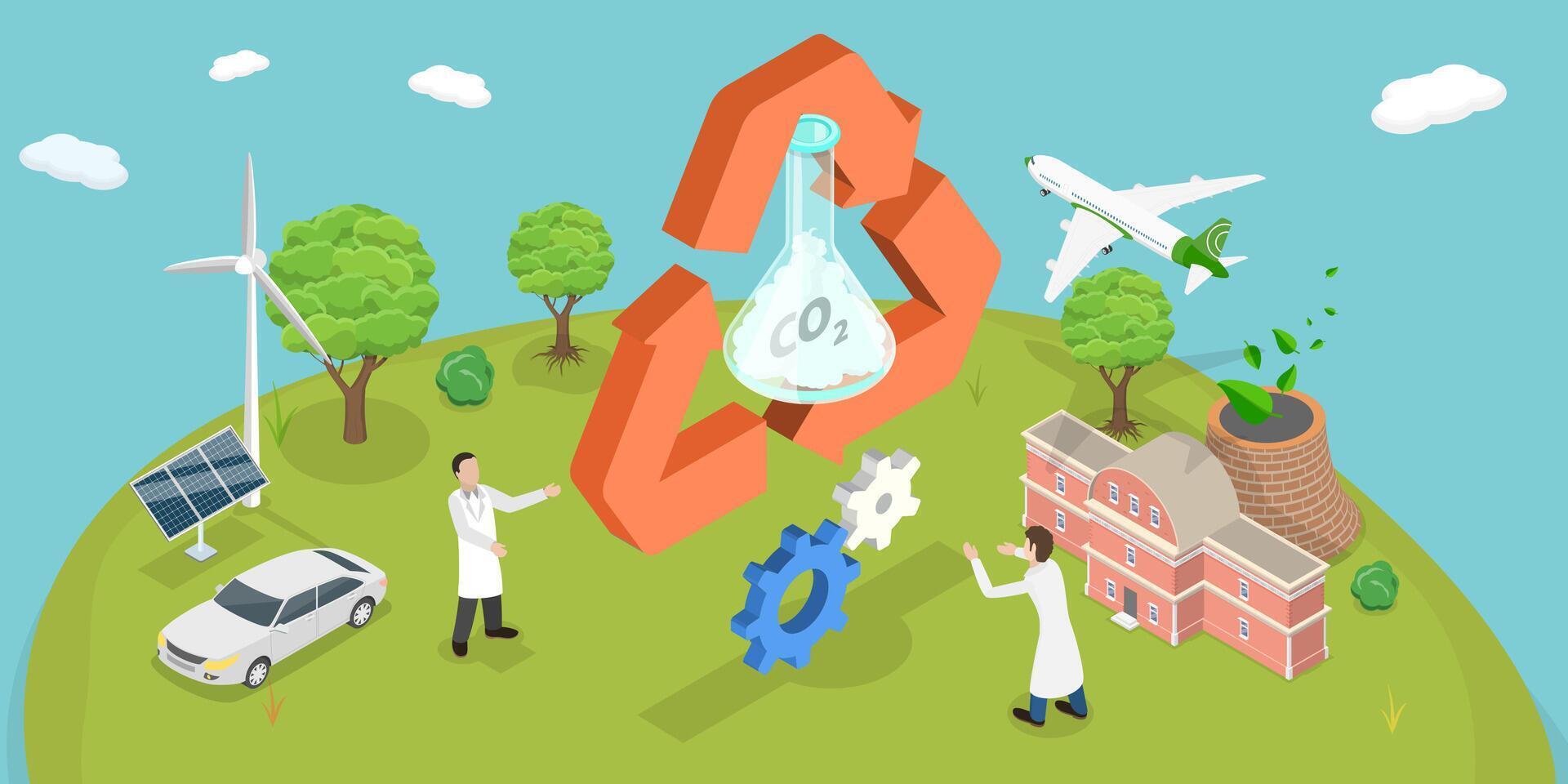 3D Isometric Flat Conceptual Illustration of CO2 Recycling vector
