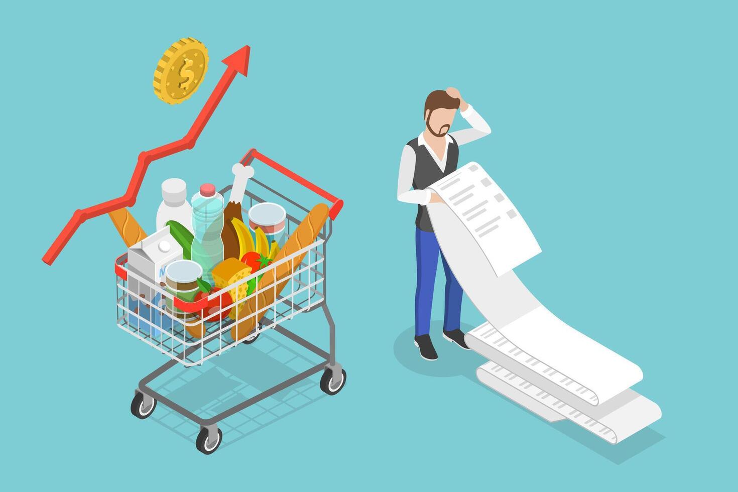 3D Isometric Flat Conceptual Illustration of Food Prices Rising. vector