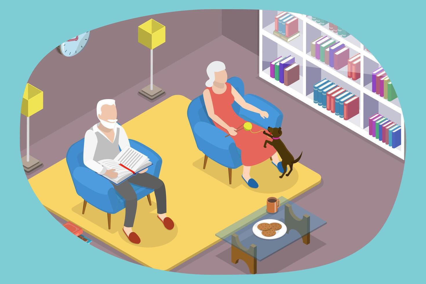 3D Isometric Flat Conceptual Illustration of Seniors Relaxing At Home. vector