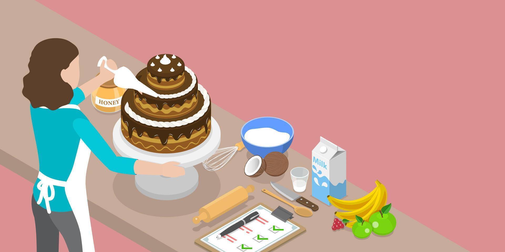 3D Isometric Flat Conceptual Illustration of Cake Baking. vector
