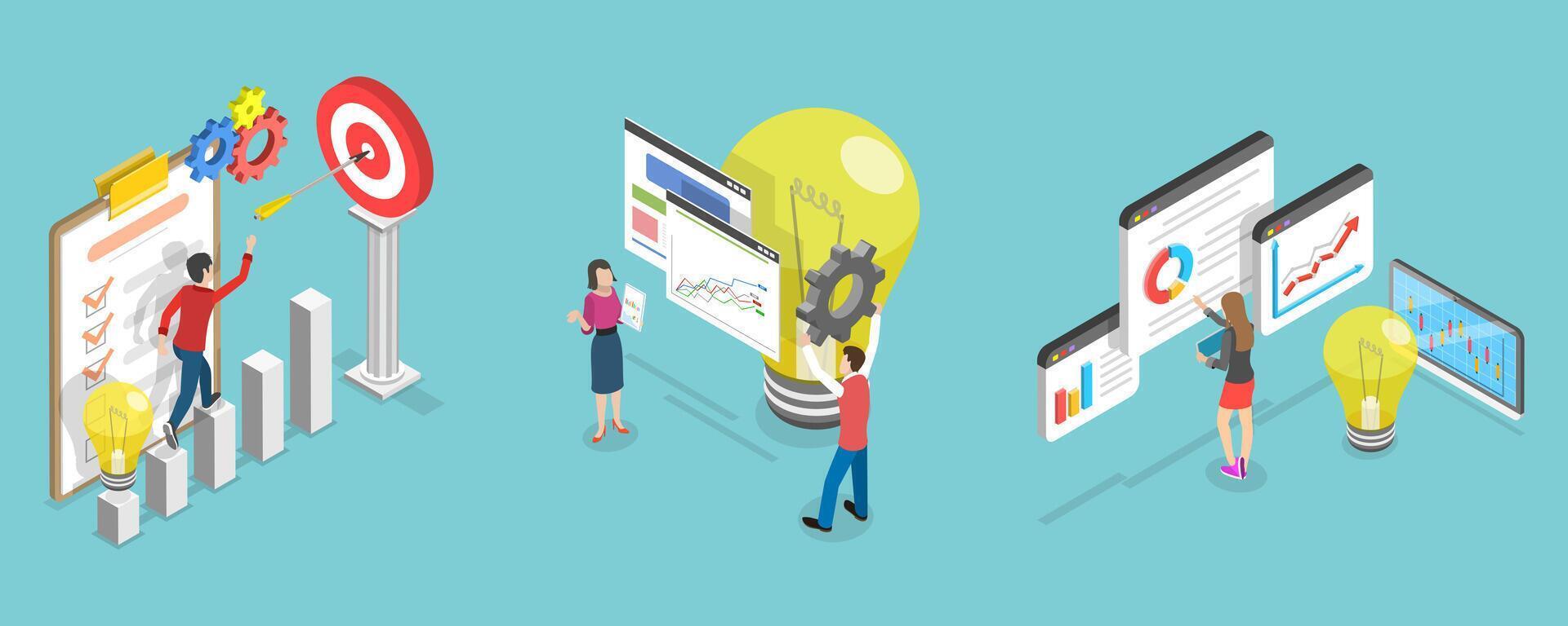 3D Isometric Flat Conceptual Illustration of Vision And Business Goals vector