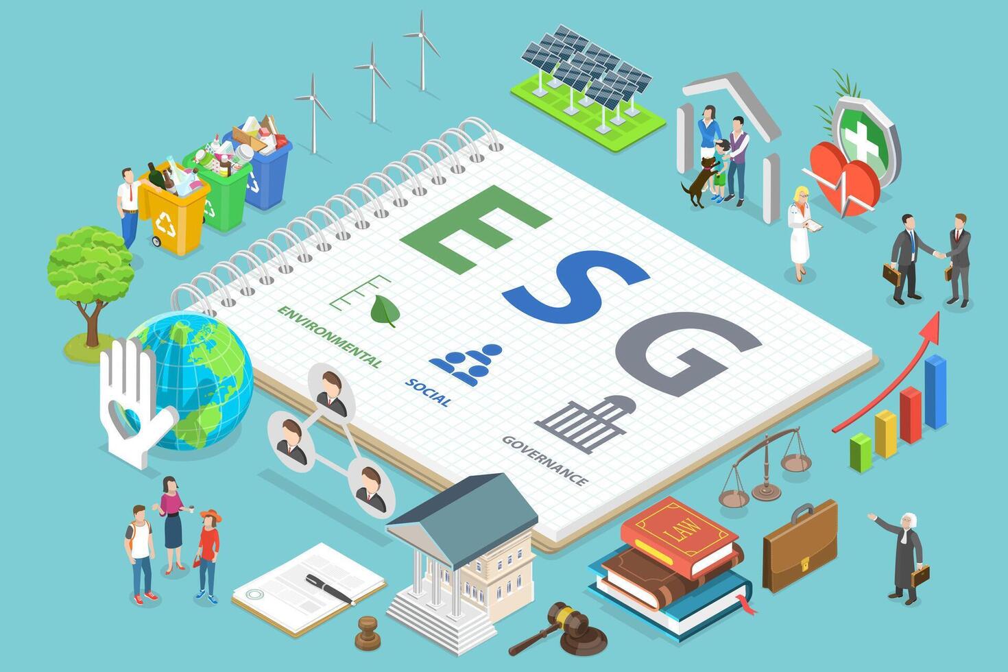 3D Isometric Flat Conceptual Illustration of ESG Environmental Social Governance vector