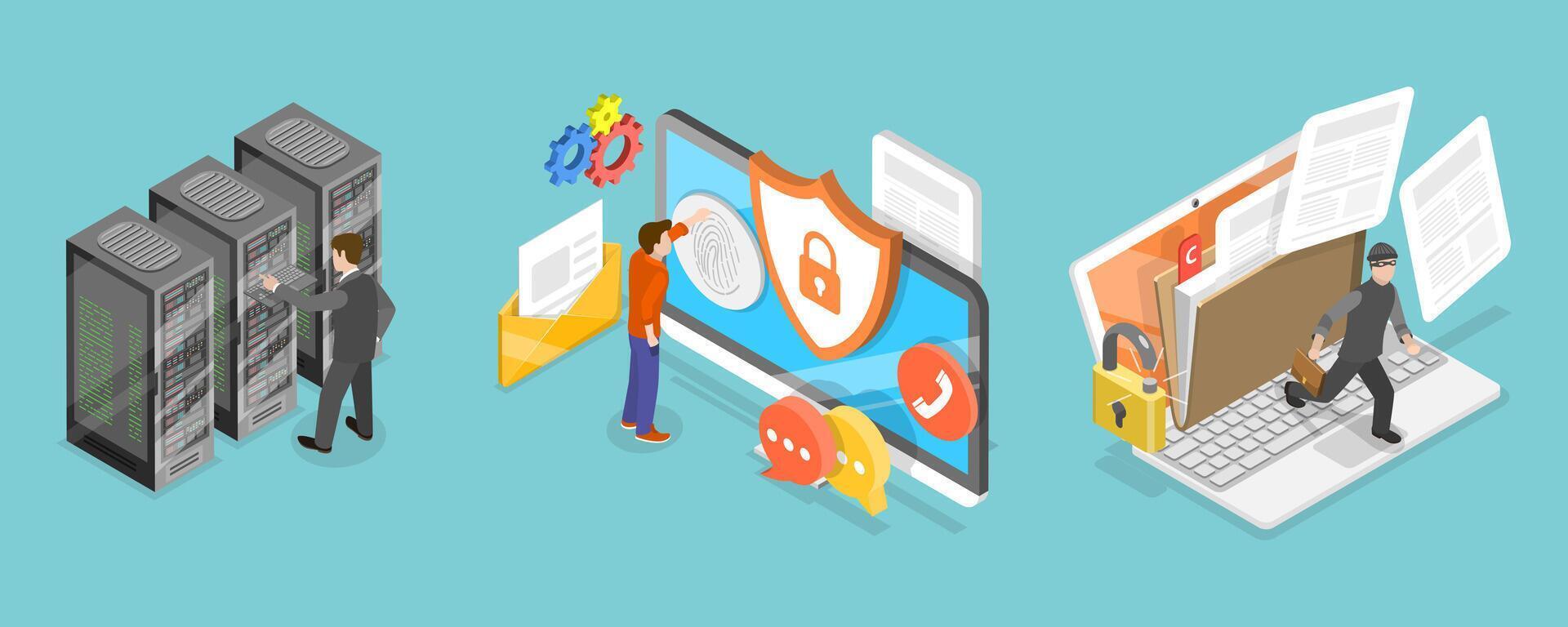 3D Isometric Flat Conceptual Illustration of Data Storage And Privacy vector