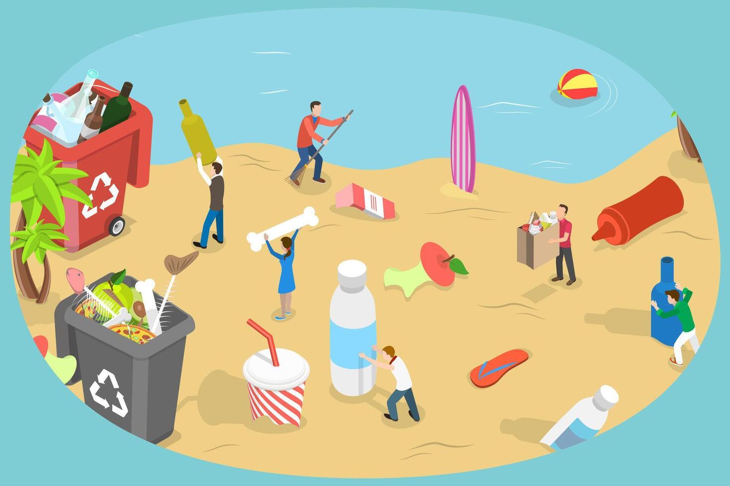 3D Isometric Flat Conceptual Illustration of Beach Cleaning. vector