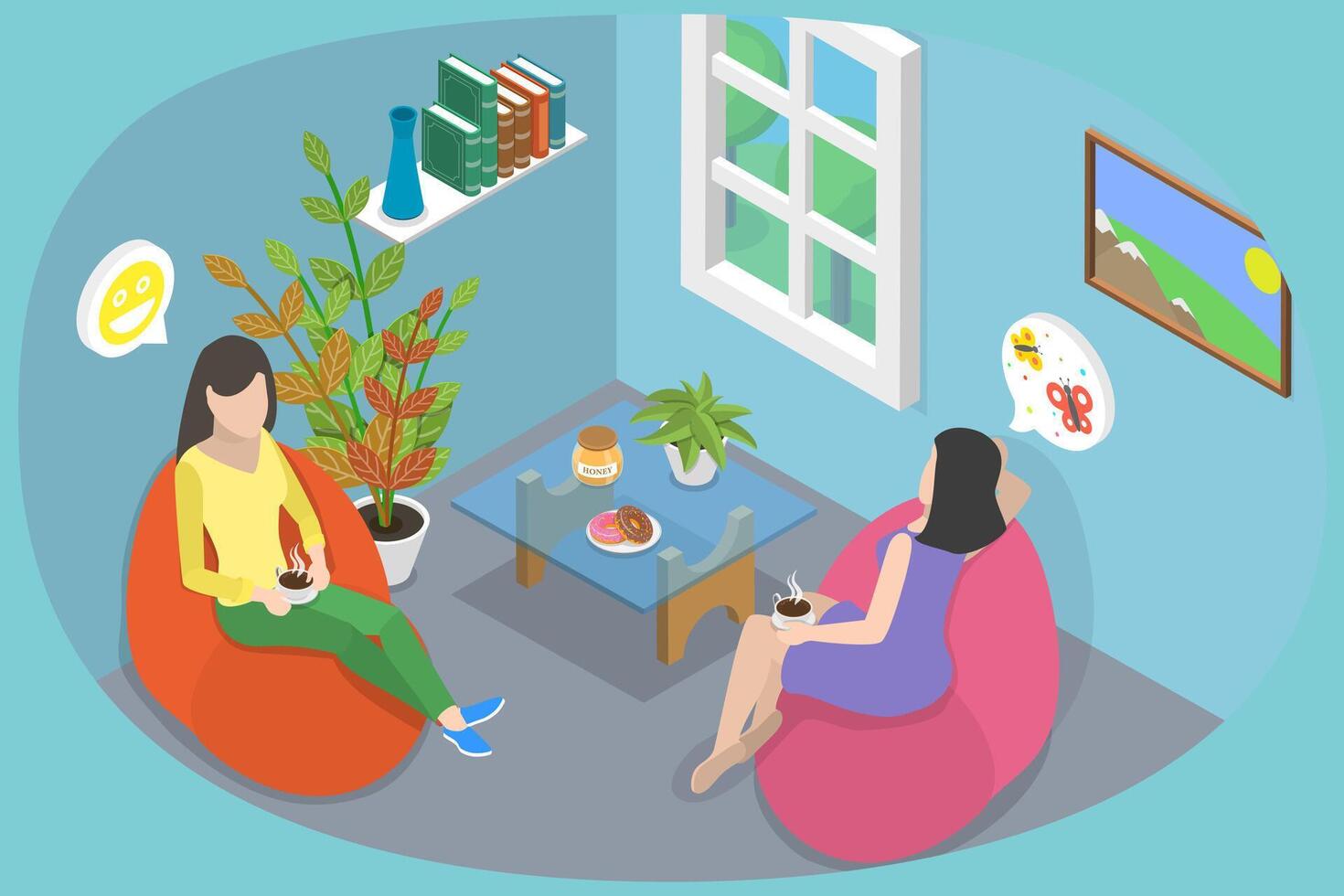 3D Isometric Flat Conceptual Illustration of Drinking Tea With Friend. vector