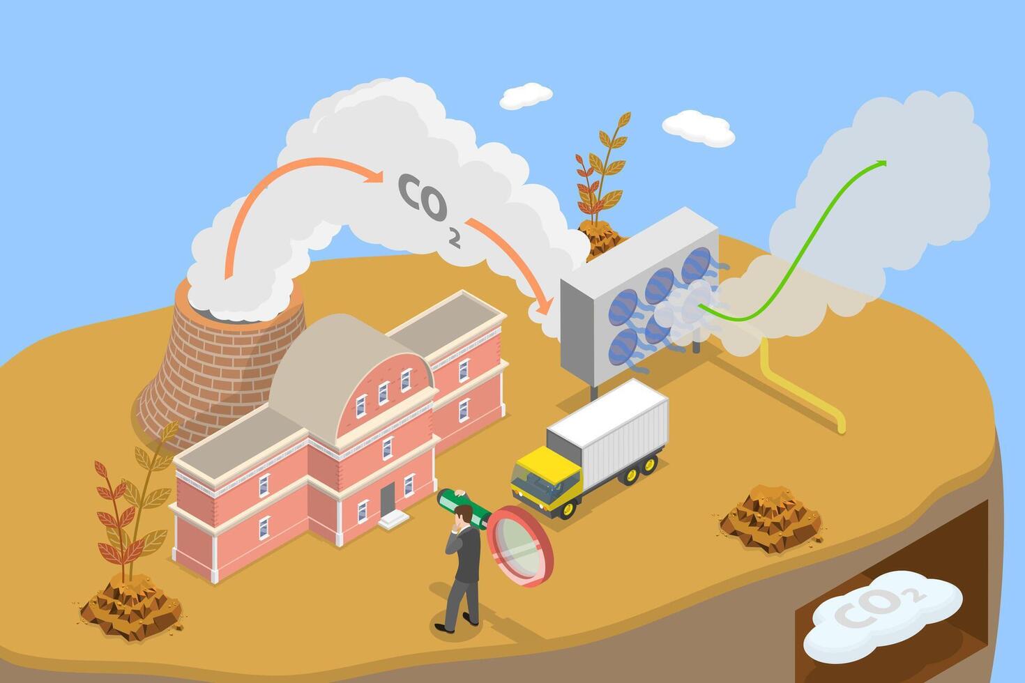 3D Isometric Flat Conceptual Illustration of Carbon Capture. vector