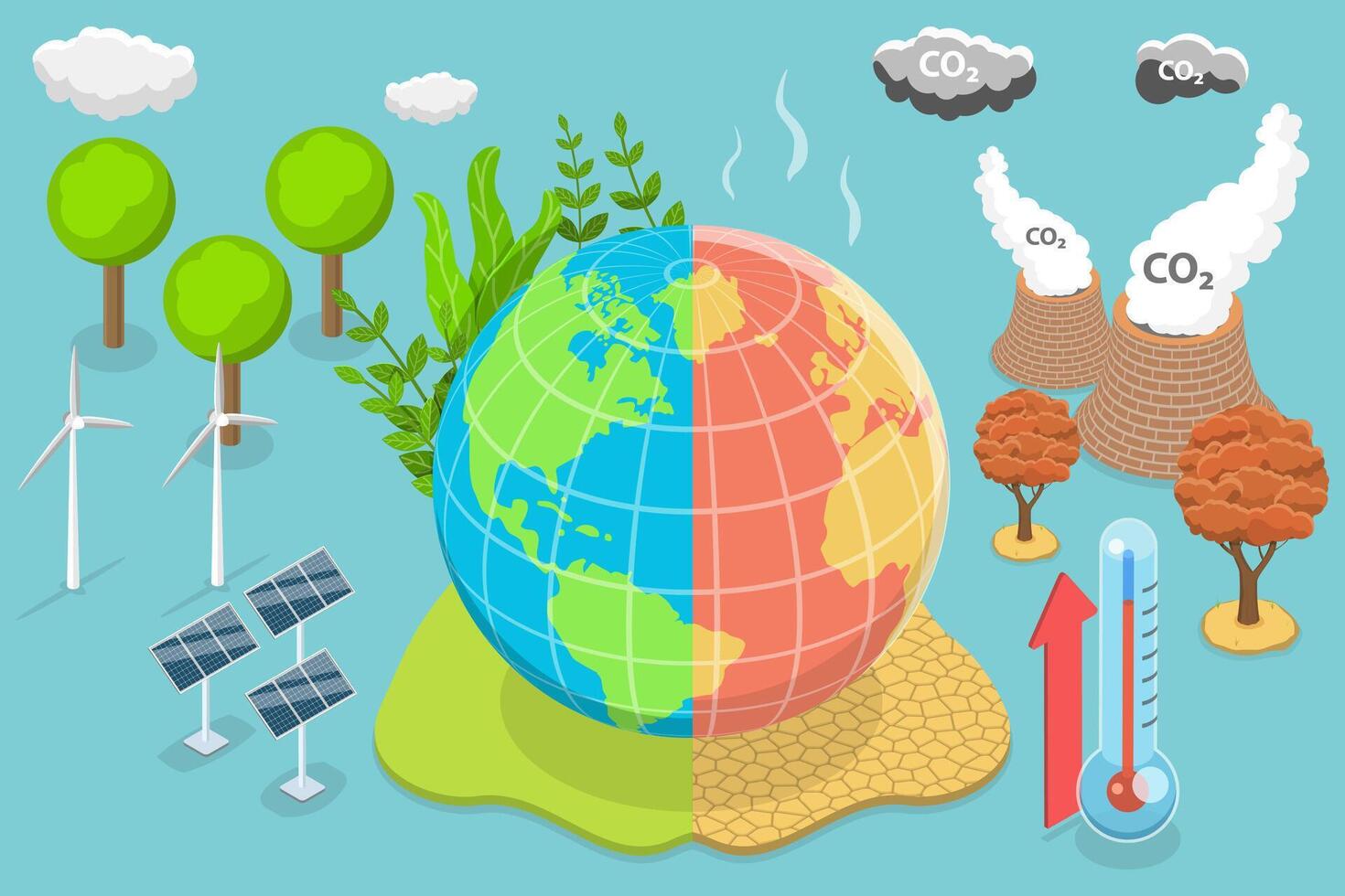 3D Isometric Flat Conceptual Illustration of Greenhouse Effect. vector