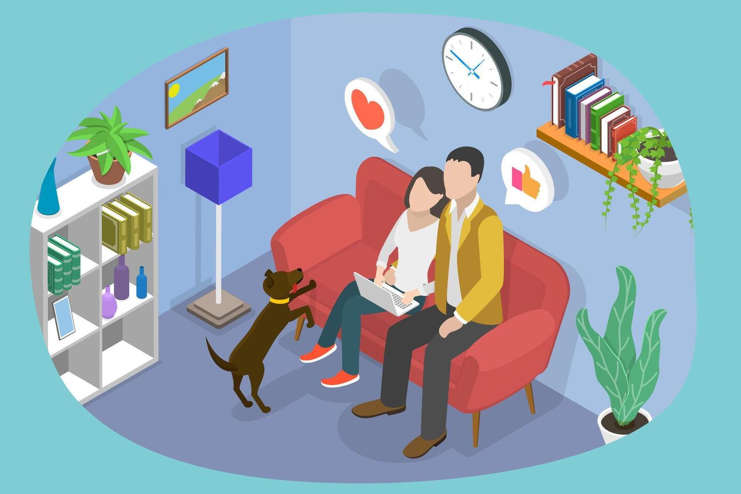 3D Isometric Flat Conceptual Illustration of Couple With Laptop. vector